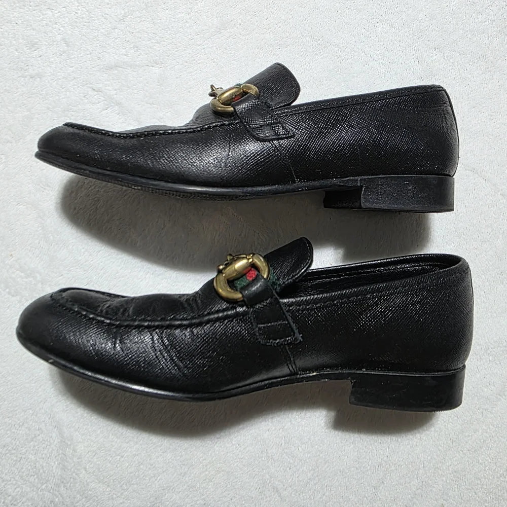 Andanines Boys Green Red Ribbon Chain Slip-On Luxurious Black Leather Loafers 29